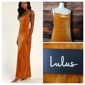 NWT Lulus Maxi Dress XL Immensely Impressive Cowl Neck Gown Velvet Marigold Zip
